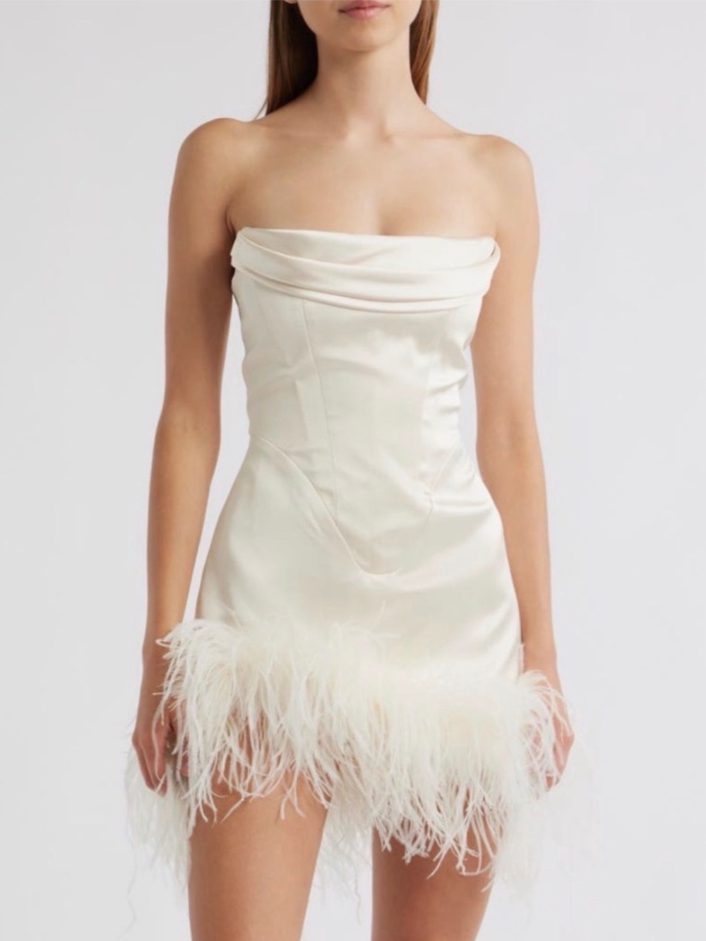 Strapless Cream Satin Mini Dress with Feather Trim